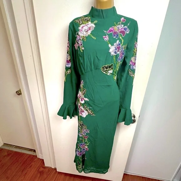 ASOS Green Midi Dress with Pink & Purple Floral Embroidery - Picture 1 of 15